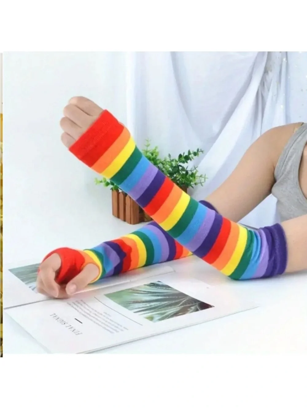 Rainbow fingerless gloves sleeves thumb hole multicolor accessory lgbtq